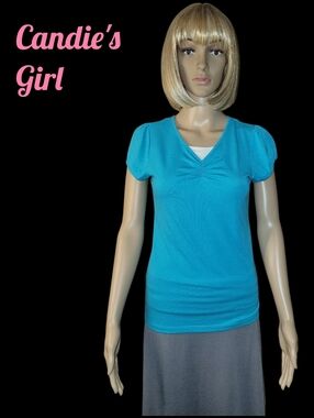 Candie's Girl V-neckline, Lace Trim Tee, Teal/Aqua, Girl's XL (16)/ W XS/S, VGUC